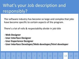 What's your Job description and
responsibly?
    The software industry has become so large and complex that jobs
    have become specific to certain aspects of the program.

    There’s a lot of rolls & respectability divide in job title

    - Web Designer
    - User Interface Designer
    - User Experience Designer
    - User Interface Developer/Web developer/html developer



1      2    3     4    5     6    7     8    9    10 11 12 13 14 15
 