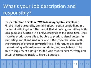 What's your Job description and
responsibly?
    - User Interface Developer/Web developer/html developer
    Fill the middle ground by combining both design sensibilities and
    technical skills together. They are skilled at making something both
    look good and function in a browser/device at the same time. They
    have the production skills to be able to produce visual designs in
    Photoshop and then turn them in to HTML code that deals with
    the wonders of browser compatibilities. This requires in-depth
    understanding of how browser rendering engines behave to be
    able to implement a design for the web that renders correctly and
    get all those pesky pixels to line up perfectly.


1      2    3    4    5    6    7    8    9   10 11 12 13 14 15
 