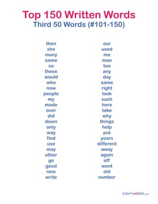 Top 150 Written Words
Third 50 Words (#101-150)
then
she
many
some
so
these
would
who
now
people
my
made
over
did
down
only
way
find
use
may
other
go
good
new
write
our
used
me
man
too
any
day
same
right
look
such
here
take
why
things
help
put
years
different
away
again
off
went
old
number
 
