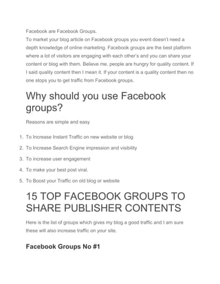 Top 15 facebook groups to get instant traffic | PDF