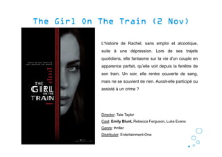 The Girl On The Train (2 Nov)The Girl On The Train (2 Nov)The Girl On The Train (2 Nov)The Girl On The Train (2 Nov)
L'histoire de Rachel, sans emploi et alcoolique,
suite à une dépression. Lors de ses trajets
quotidiens, elle fantasme sur la vie d'un couple en
apparence parfait, qu'elle voit depuis la fenêtre de
son train. Un soir, elle rentre couverte de sang,
mais ne se souvient de rien. Aurait-elle participé ou
assisté à un crime ?
Director: Tate Taylor
Cast: Emily Blunt, Rebecca Ferguson, Luke Evans
Genre: thriller
Distributor: Entertainment-One
 