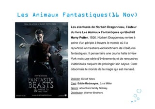 LesLesLesLes AnimauxAnimauxAnimauxAnimaux FantastiquesFantastiquesFantastiquesFantastiques(16(16(16(16 NovNovNovNov))))
Les aventures de Norbert Dragonneau, l’auteur
du livre Les Animaux Fantastiques qu’étudiait
Harry Potter. 1926. Norbert Dragonneau rentre à
peine d'un périple à travers le monde où il a
répertorié un bestiaire extraordinaire de créatures
fantastiques. Il pense faire une courte halte à New
York mais une série d'événements et de rencontres
inattendues risquent de prolonger son séjour. C'est
désormais le monde de la magie qui est menacé.
Director: David Yates
Cast: Eddie Redmayne, Ezra Miller
Genre: adventure family fantasy
Distributor: Warner Brothers
 