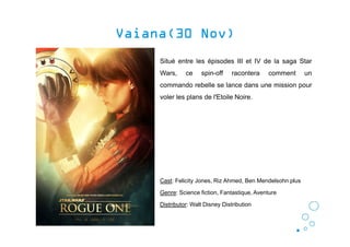 Rogue OneRogue OneRogue OneRogue One(30(30(30(30 NovNovNovNov))))
Situé entre les épisodes III et IV de la saga Star
Wars, ce spin-off racontera comment un
commando rebelle se lance dans une mission pour
voler les plans de l'Etoile Noire.
Cast: Felicity Jones, Riz Ahmed, Ben Mendelsohn plus
Genre: Science fiction, Fantastique, Aventure
Distributor: Walt Disney Distribution
 