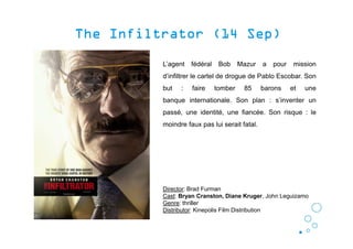 TheTheTheThe InfiltratorInfiltratorInfiltratorInfiltrator (14 Sep)(14 Sep)(14 Sep)(14 Sep)
L’agent fédéral Bob Mazur a pour mission
d’infiltrer le cartel de drogue de Pablo Escobar. Son
but : faire tomber 85 barons et une
banque internationale. Son plan : s’inventer un
passé, une identité, une fiancée. Son risque : le
moindre faux pas lui serait fatal.
Director: Brad Furman
Cast: Bryan Cranston, Diane Kruger, John Leguizamo
Genre: thriller
Distributor: Kinepolis Film Distribution
 