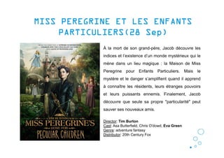 MISS PEREGRINE ET LES ENFANTSMISS PEREGRINE ET LES ENFANTSMISS PEREGRINE ET LES ENFANTSMISS PEREGRINE ET LES ENFANTS
PARTICULIERSPARTICULIERSPARTICULIERSPARTICULIERS(28(28(28(28 Sep)Sep)Sep)Sep)
À la mort de son grand-père, Jacob découvre les
indices et l’existence d’un monde mystérieux qui le
mène dans un lieu magique : la Maison de Miss
Peregrine pour Enfants Particuliers. Mais le
mystère et le danger s’amplifient quand il apprend
à connaître les résidents, leurs étranges pouvoirs
et leurs puissants ennemis. Finalement, Jacob
découvre que seule sa propre "particularité" peut
sauver ses nouveaux amis.
Director: Tim Burton
Cast: Asa Butterfield, Chris O'dowd, Eva Green
Genre: adventure fantasy
Distributor: 20th Century Fox
 