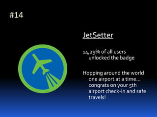 #14<br />JetSetter<br />14,29% of all users unlocked the badge<br />Hopping around the world one airport at a time... cong...
