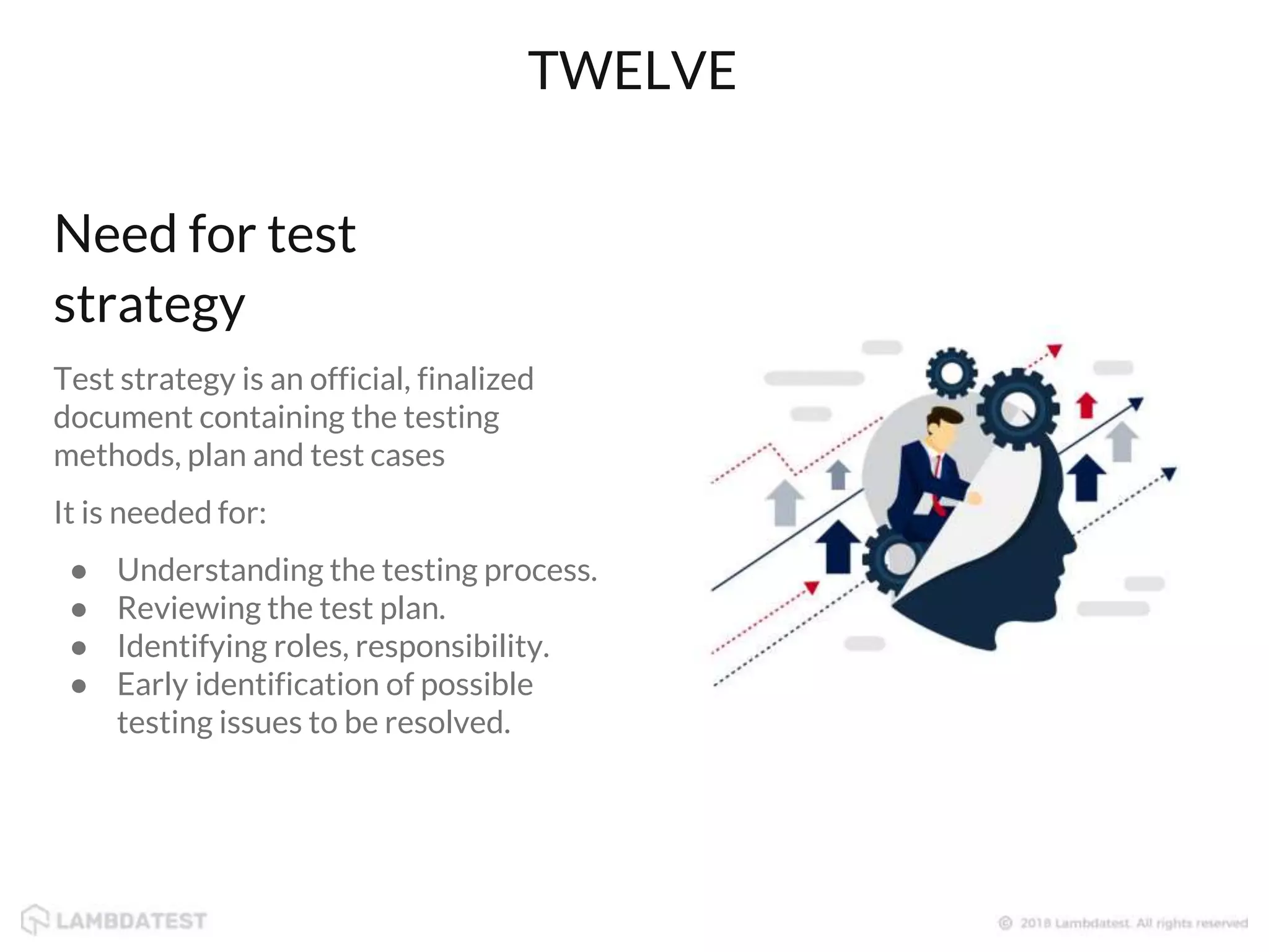 Test strategy is an official, finalized
document containing the testing
methods, plan and test cases
It is needed for:
● Understanding the testing process.
● Reviewing the test plan.
● Identifying roles, responsibility.
● Early identification of possible
testing issues to be resolved.
TWELVE
Need for test
strategy
 
