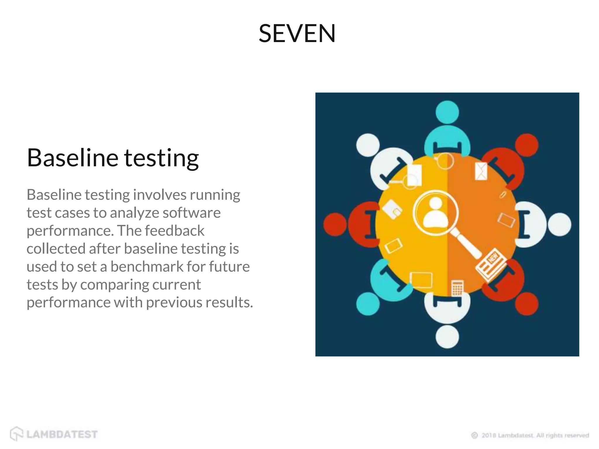 Baseline testing
Baseline testing involves running
test cases to analyze software
performance. The feedback
collected after baseline testing is
used to set a benchmark for future
tests by comparing current
performance with previous results.
SEVEN
 