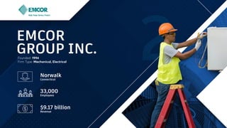 EMCOR
GROUP INC.
Norwalk
Connecticut
Founded: 1994
Firm Type: Mechanical, Electrical
33,000
Employees
$9.17 billion
Revenue
 
