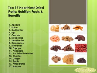 Top 17 Healthiest Dried
Fruits: Nutrition Facts &
Benefits
1. Apricots
2. Raisins
3. Goji Berries
4. Figs
5. Currants
6. Blueberries
7. Strawberries
8. Cranberries
9. Mulberries
10. Papaya
11. Pineapple
12. Sun Dried Tomatoes
13. Cherries
14. Ginger
15. Apple
16. Pitted Dates
17. Banana
 