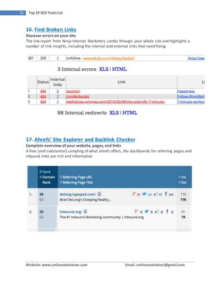 Website:www.onlineseotrainer.com Email: onlineseotrainer@gmail.com
15 Top 19 SEO ToolsList
16. Find Broken Links
Discover errors on your site
The link report from Ninja Internet Marketers combs through your whole site and highlights a
number of link insights, including the internal and external links that need fixing.
17. Ahrefs’ Site Explorer and Backlink Checker
Complete overview of your website, pages, and links
A free (and substantial) sampling of what ahrefs offers, the dashboards for referring pages and
inbound links are rich and informative.
 