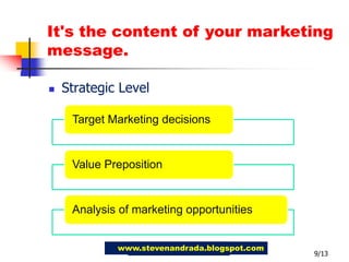 Strategic Level9/13It's the content of your marketing message.www.stevenandrada.blogspot.com