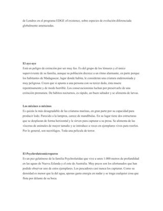 de Londres en el programa EDGE of existence, sobre especies de evolución diferenciada
globalmente amenazadas.
El aye-aye
Está en peligro de extinción por ser muy feo. Es del grupo de los lémures y el único
superviviente de su familia, aunque su población decrece a un ritmo alarmante, en parte porque
los habitantes de Madagascar, lugar donde habita, le consideran una criatura endemoniada y
muy peligrosa. Creen que si apunta a una persona con su tercer dedo, ésta muere
repentinamente y de modo horrible. Los consevacionistas luchan por preservarlo de una
extinción prematura. De hábitos nocturnos, es rápido, un buen saltador y se alimenta de larvas.
Los mixines o mixinos
Es quizás la más desagradable de las criaturas marinas, en gran parte por su capacidad para
producir lodo. Parecido a la lamprea, carece de mandíbulas. En su lugar tiene dos estructuras
que se desplazan de forma horizontal y le sirven para capturar a su presa. Se alimenta de las
vísceras de animales de mayor tamaño y se introduce a veces en ejemplares vivos para roerlos.
Por lo general, son necrófagos. Toda una película de terror.
El Psychrolutesmicroporos
Es un pez gelatinoso de la familia Psychrolutidae que vive a unos 1.000 metros de profundidad
en las aguas de Nueva Zelanda y el este de Australia. Muy pocos son los afortunados que han
podido observar uno de estos ejemplares. Los pescadores casi nunca los capturan. Como su
densidad es menor que la del agua, apenas gasta energía en nadar y se traga cualquier cosa que
flota por delante de su boca.
 
