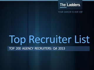 Top Recruiter List
TOP 200 AGENCY RECRUITERS: Q4 2013

 