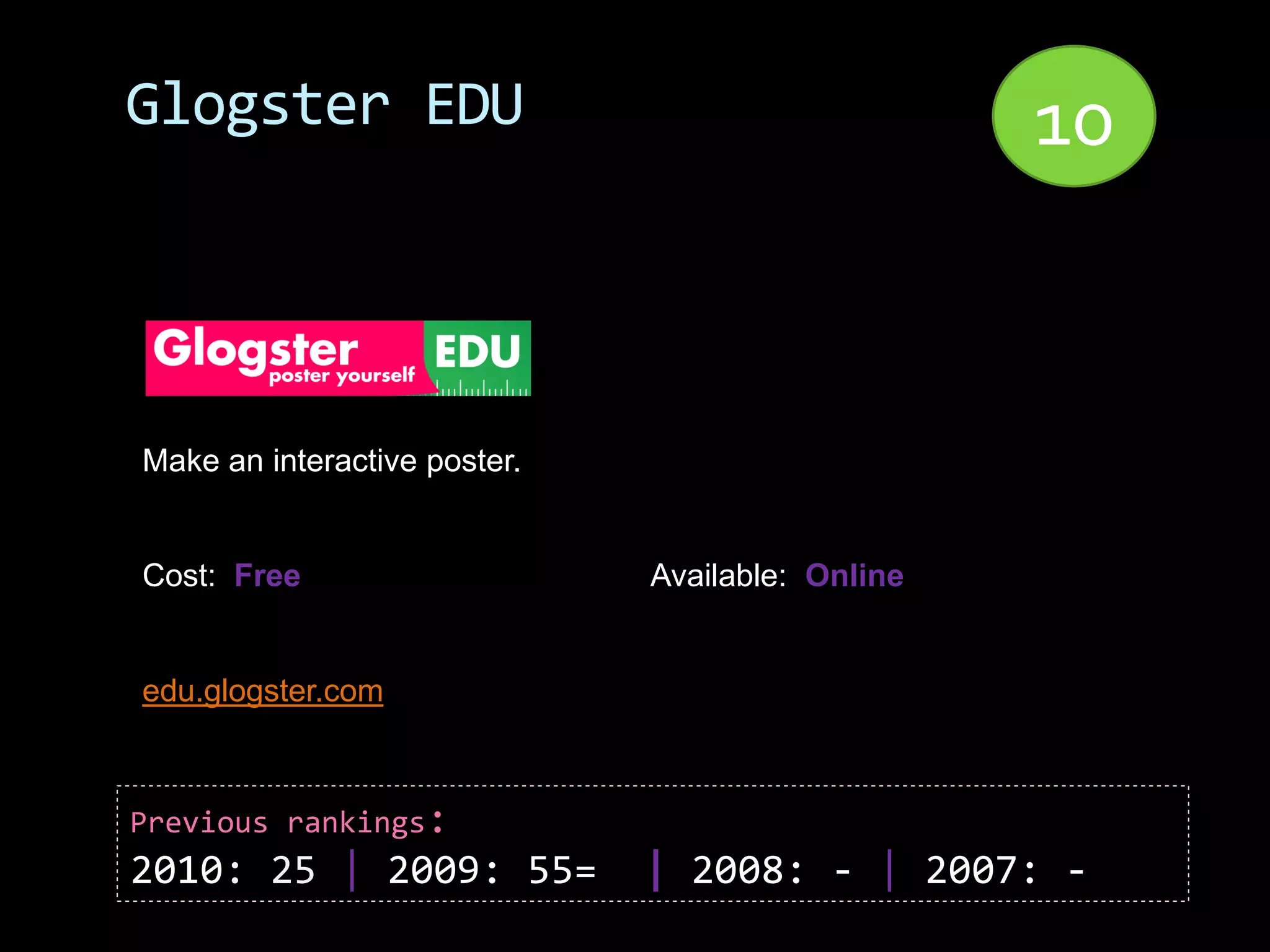Glogster EDU                                      10


Make an interactive poster.


Cost: Free                    Available: Online


edu.glogster.com



Previous rankings:
2010: 25 | 2009: 55=          | 2008: - | 2007: -
 