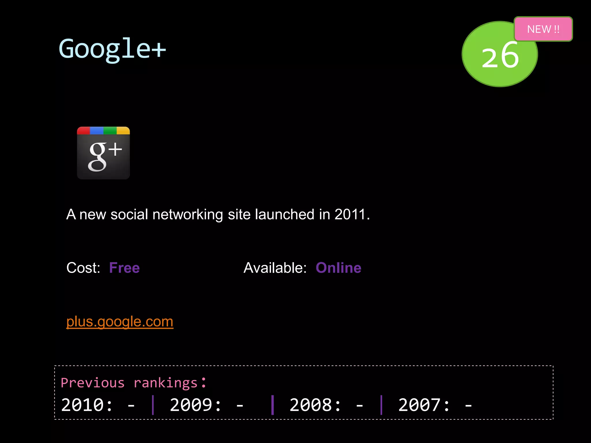 NEW !!

Google+                                             26


A new social networking site launched in 2011.


Cost: Free                Available: Online


plus.google.com



Previous rankings:
2010: - | 2009: -             | 2008: - | 2007: -
 