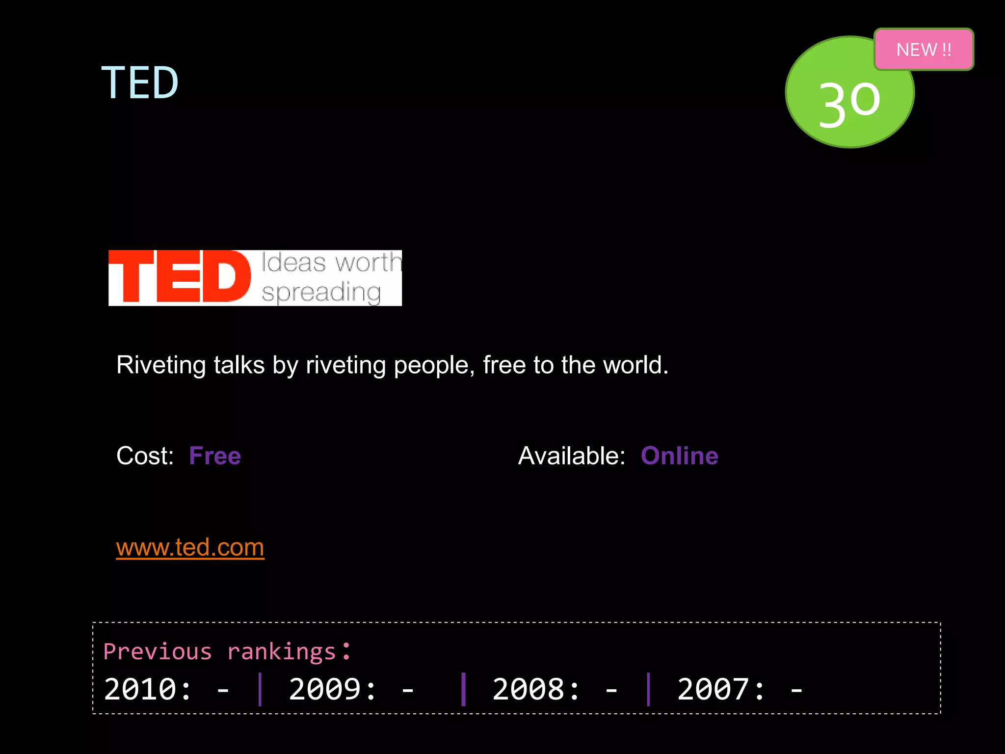 NEW !!

TED                                                       30


Riveting talks by riveting people, free to the world.


Cost: Free                            Available: Online


www.ted.com



Previous rankings:
2010: - | 2009: -               | 2008: - | 2007: -
 