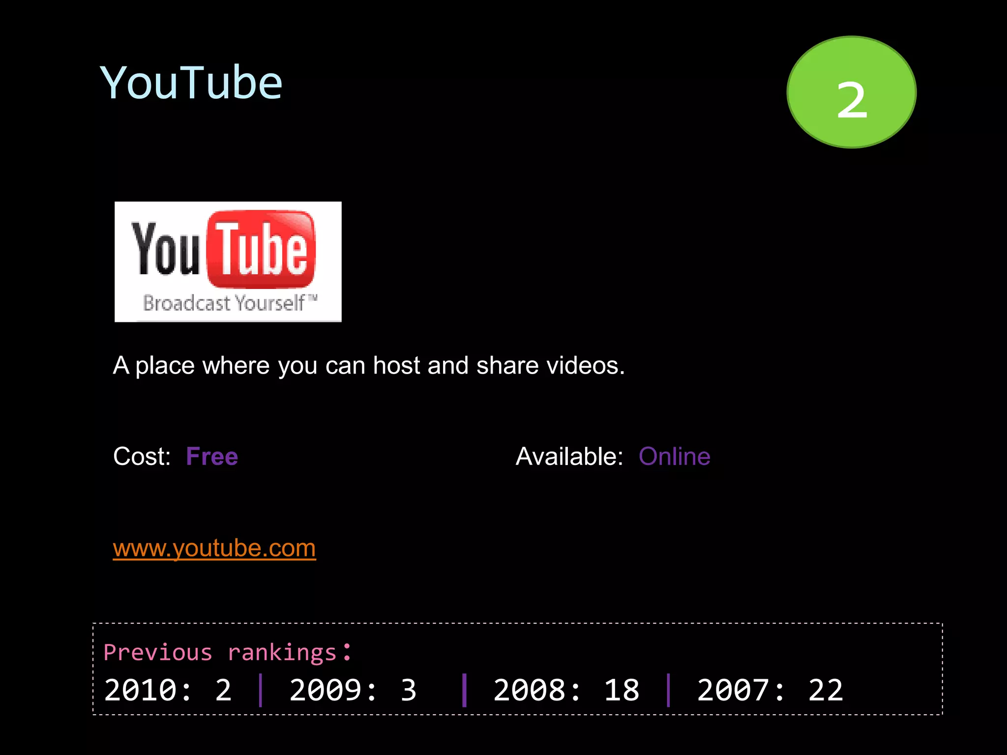 YouTube                                               2


A place where you can host and share videos.


Cost: Free                        Available: Online


www.youtube.com



Previous rankings:
2010: 2 | 2009: 3            | 2008: 18 | 2007: 22
 