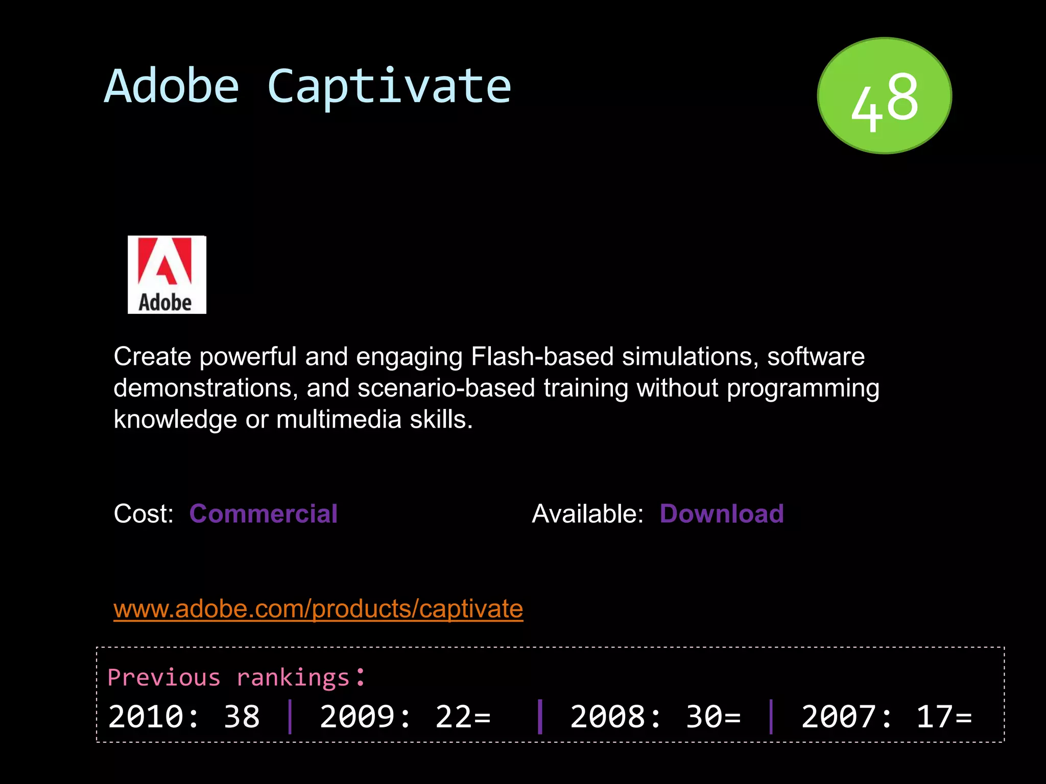 Adobe Captivate                                             48


Create powerful and engaging Flash-based simulations, software
demonstrations, and scenario-based training without programming
knowledge or multimedia skills.


Cost: Commercial                   Available: Download


www.adobe.com/products/captivate

Previous rankings:
2010: 38 | 2009: 22=               | 2008: 30= | 2007: 17=
 