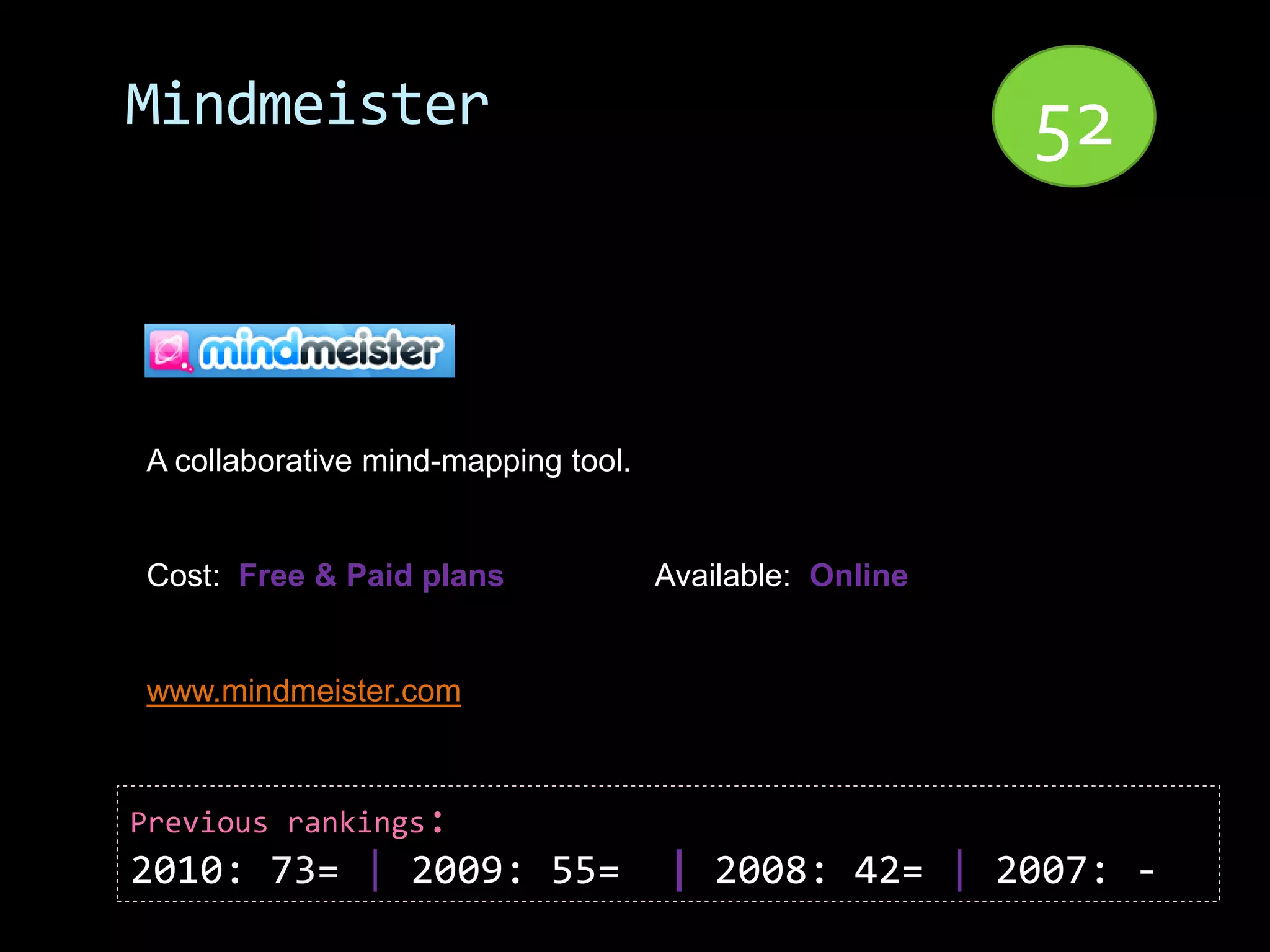 Mindmeister                                              52


A collaborative mind-mapping tool.


Cost: Free & Paid plans              Available: Online


www.mindmeister.com



Previous rankings:
2010: 73= | 2009: 55=                | 2008: 42= | 2007: -
 