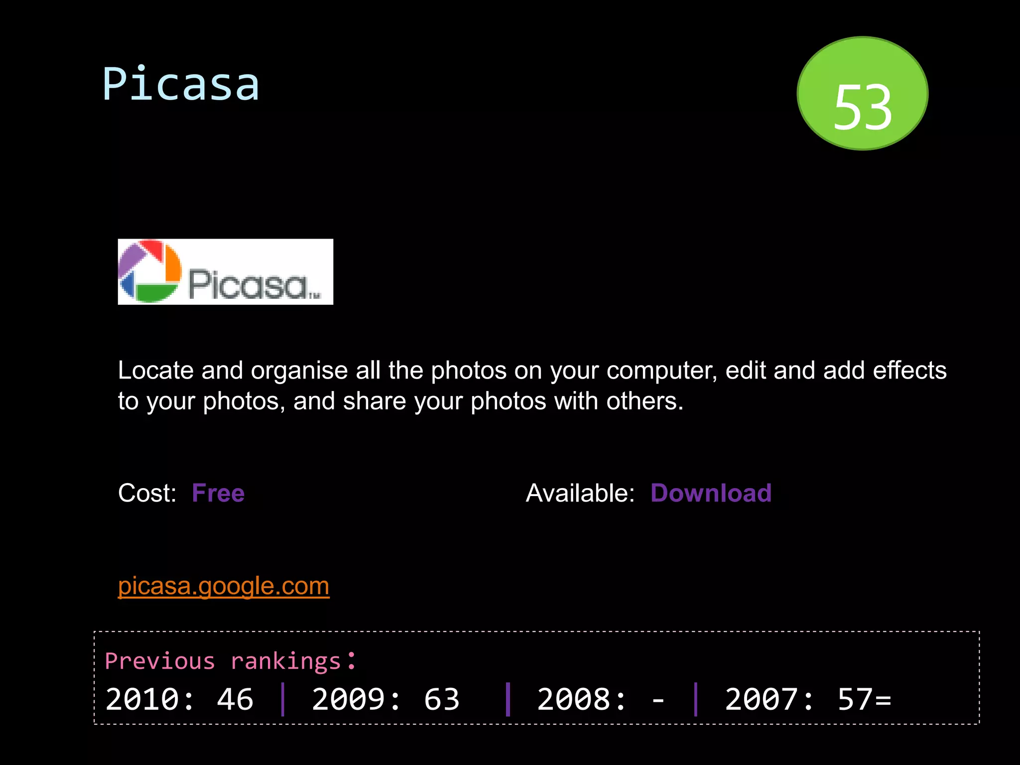 Picasa                                                        53


Locate and organise all the photos on your computer, edit and add effects
to your photos, and share your photos with others.


Cost: Free                         Available: Download


picasa.google.com

Previous rankings:
2010: 46 | 2009: 63              | 2008: - | 2007: 57=
 