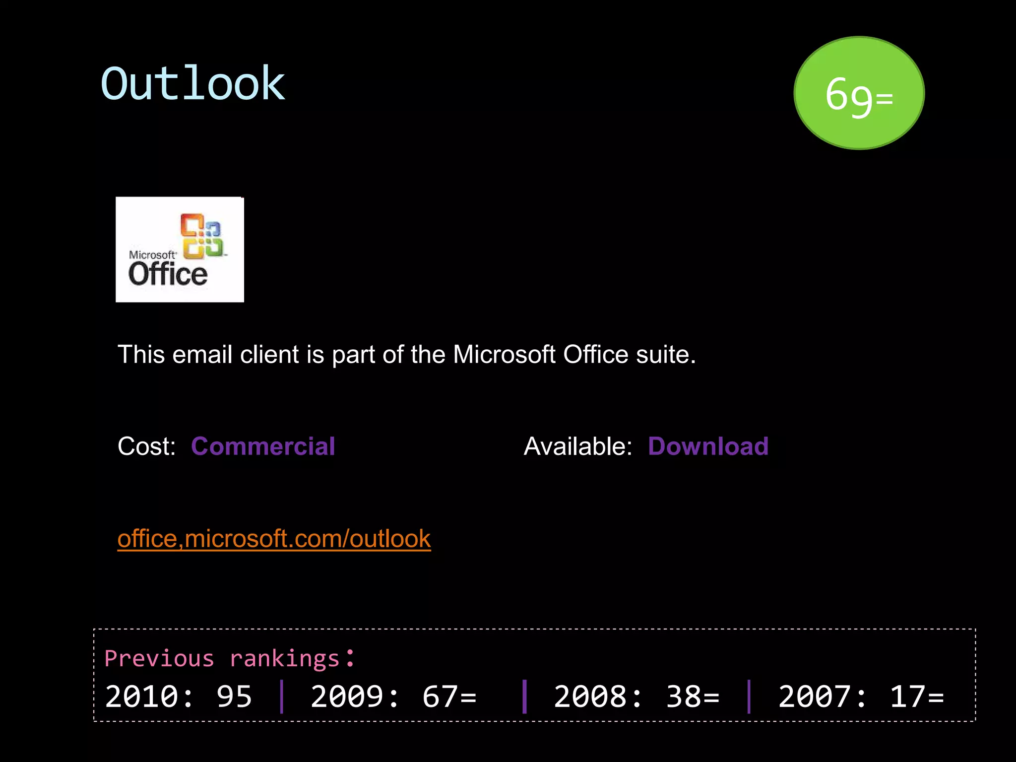 Outlook                                                      69=




This email client is part of the Microsoft Office suite.


Cost: Commercial                       Available: Download


office,microsoft.com/outlook



Previous rankings:
2010: 95 | 2009: 67=                  | 2008: 38= | 2007: 17=
 
