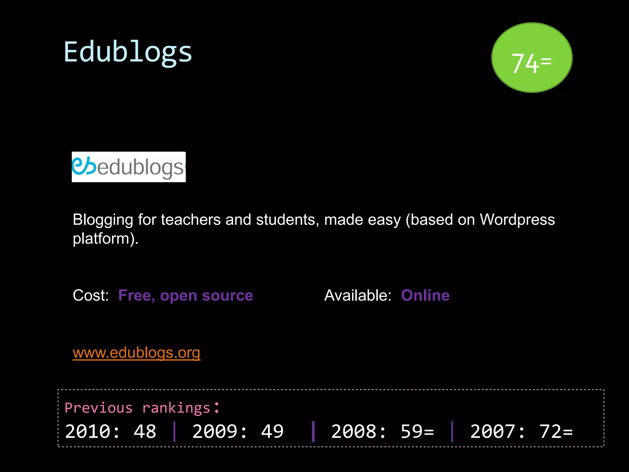 Edublogs                                                   74=




Blogging for teachers and students, made easy (based on Wordpress
platform).


Cost: Free, open source          Available: Online


www.edublogs.org


Previous rankings:
2010: 48 | 2009: 49            | 2008: 59= | 2007: 72=
 
