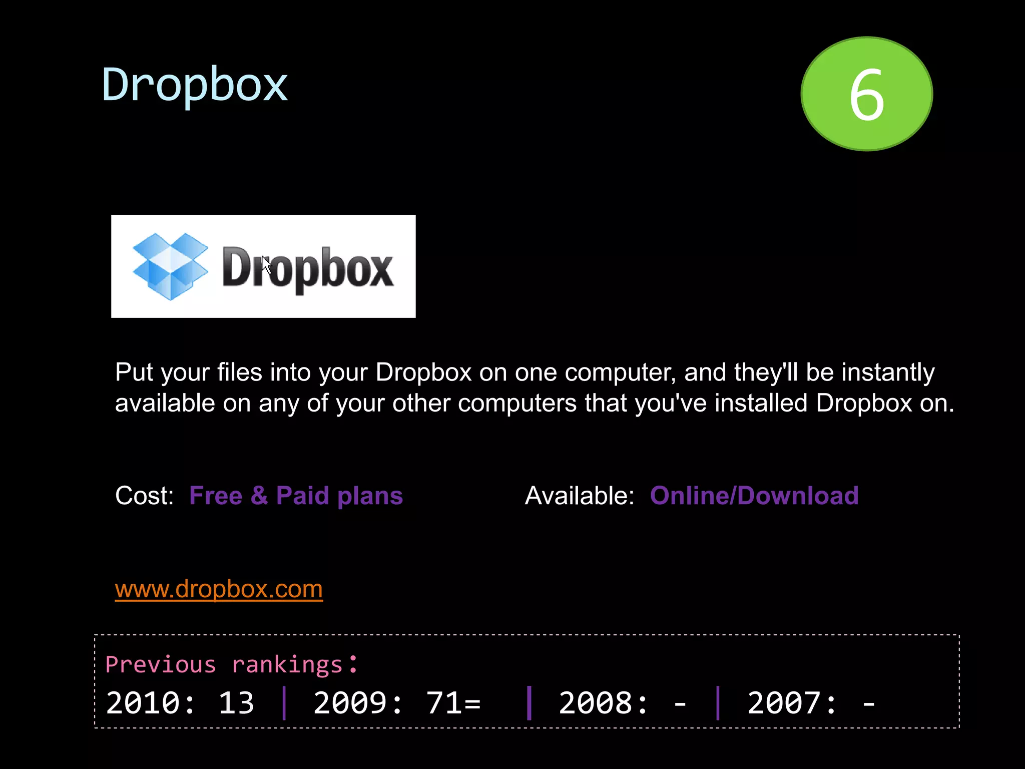 Dropbox                                                         6


Put your files into your Dropbox on one computer, and they'll be instantly
available on any of your other computers that you've installed Dropbox on.


Cost: Free & Paid plans             Available: Online/Download


www.dropbox.com

Previous rankings:
2010: 13 | 2009: 71=               | 2008: - | 2007: -
 