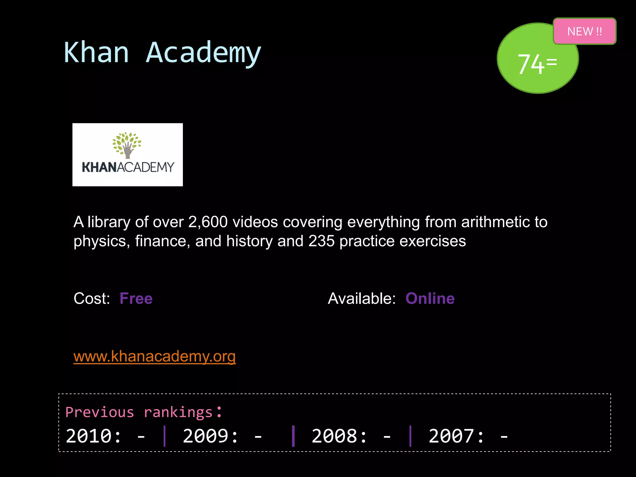 NEW !!

Khan Academy                                                    74=




A library of over 2,600 videos covering everything from arithmetic to
physics, finance, and history and 235 practice exercises


Cost: Free                           Available: Online


www.khanacademy.org


Previous rankings:
2010: - | 2009: -              | 2008: - | 2007: -
 
