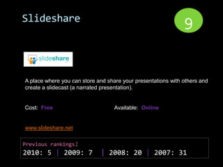 Slideshare                                                    9


A place where you can store and share your presentations with others and
create a slidecast (a narrated presentation).


Cost: Free                         Available: Online


www.slideshare.net

Previous rankings:
2010: 5 | 2009: 7            | 2008: 20 | 2007: 31
 