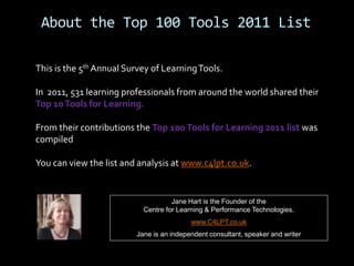 About the Top 100 Tools 2011 List

This is the 5th Annual Survey of Learning Tools.

In 2011, 531 learning professionals from around the world shared their
Top 10 Tools for Learning.

From their contributions the Top 100 Tools for Learning 2011 list was
compiled

You can view the list and analysis at www.c4lpt.co.uk.


                                    Jane Hart is the Founder of the
                           Centre for Learning & Performance Technologies.
                                          www.C4LPT.co.uk
                         Jane is an independent consultant, speaker and writer
 
