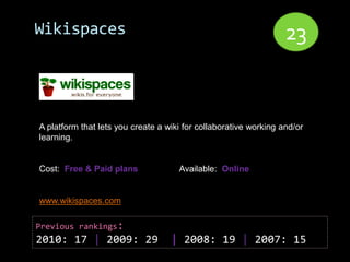 Wikispaces                                                        23


A platform that lets you create a wiki for collaborative working and/or
learning.


Cost: Free & Paid plans              Available: Online


www.wikispaces.com

Previous rankings:
2010: 17 | 2009: 29                | 2008: 19 | 2007: 15
 