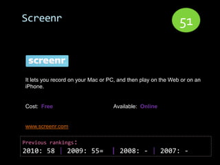 Screenr                                                       51


It lets you record on your Mac or PC, and then play on the Web or on an
iPhone.


Cost: Free                         Available: Online


www.screenr.com

Previous rankings:
2010: 58 | 2009: 55=              | 2008: - | 2007: -
 
