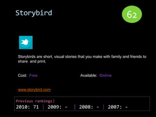 Storybird                                                        62


Storybirds are short, visual stories that you make with family and friends to
share and print.


Cost: Free                           Available: Online


www.storybird.com

Previous rankings:
2010: 71 | 2009: -               | 2008: - | 2007: -
 