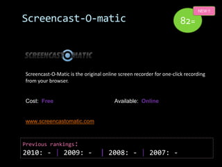 NEW !!

Screencast-O-matic                                                   82=



Screencast-O-Matic is the original online screen recorder for one-click recording
from your browser.


Cost: Free                              Available: Online


www.screencastomatic.com



Previous rankings:
2010: - | 2009: -                | 2008: - | 2007: -
 