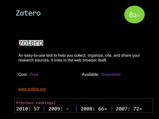 Zotero                                                          82=




An easy-to-use tool to help you collect, organize, cite, and share your
research sources. It lives in the web browser itself.


Cost: Free                           Available: Download


www.zotero.org


Previous rankings:
2010: 57 | 2009: -              | 2008: 66= | 2007: 72=
 