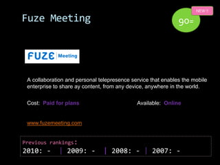 NEW !!

Fuze Meeting                                                  90=




 A collaboration and personal telepresence service that enables the mobile
 enterprise to share ay content, from any device, anywhere in the world.


 Cost: Paid for plans                        Available: Online


 www.fuzemeeting.com


Previous rankings:
2010: -      | 2009: -          | 2008: - | 2007: -
 