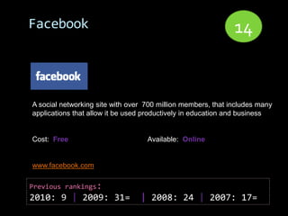 Facebook                                                      14


A social networking site with over 700 million members, that includes many
applications that allow it be used productively in education and business


Cost: Free                         Available: Online


www.facebook.com

Previous rankings:
2010: 9 | 2009: 31=              | 2008: 24 | 2007: 17=
 