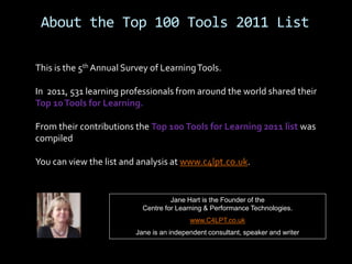 About the Top 100 Tools 2011 List

This is the 5th Annual Survey of Learning Tools.

In 2011, 531 learning professionals f...