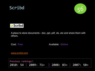 Scribd                                                         56


A place to store documents - doc, ppt, pdf, xls, etc and share them with
others.


Cost: Free                          Available: Online


www.scribd.com


Previous rankings:
2010: 54 | 2009: 71=               | 2008: 83= | 2007: 50=
 