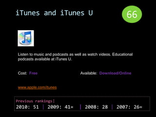 iTunes and iTunes U                                          66


Listen to music and podcasts as well as watch videos. Ed...