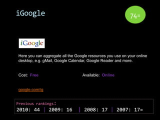 iGoogle                                                     74=




Here you can aggregate all the Google resources you us...