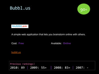 Bubbl.us                                                        90=




A simple web application that lets you brainstorm ...