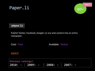 NEW !!

Paper.li                                                           90=




Publish Twitter, Facebook, Google+ or a...
