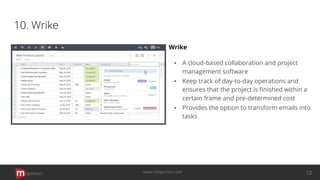 10. Wrike
Wrike
▪ A cloud-based collaboration and project
management software
▪ Keep track of day-to-day operations and
ensures that the project is ﬁnished within a
certain frame and pre-determined cost
▪ Provides the option to transform emails into
tasks
opinion 12www.mopinion.com
 