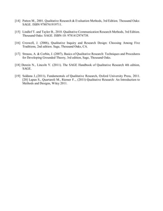 [14] Patton M., 2001. Qualitative Research & Evaluation Methods, 3rd Edition. Thousand Oaks:
SAGE. ISBN 9780761919711.
[15] Lindlof T. and Taylor B., 2010. Qualitative Communication Research Methods, 3rd Edition.
Thousand Oaks: SAGE. ISBN-10: 9781412974738.
[16] Creswell, J. (2006), Qualitative Inquiry and Research Design: Choosing Among Five
Traditions, 2nd edition. Sage, Thousand Oaks, CA.
[17] Strauss, A. & Corbin, J. (2007), Basics of Qualitative Research: Techniques and Procedures
for Developing Grounded Theory, 3rd edition, Sage, Thousand Oaks.
[18] Denzin N., Lincoln Y. (2011). The SAGE Handbook of Qualitative Research 4th edition,
SAGE.
[19] Saldana J.,(2011), Fundamentals of Qualitative Research, Oxford University Press, 2011.
[20] Lapan S., Quartaroli M., Riemer F.., (2011) Qualitative Research: An Introduction to
Methods and Designs, Wiley 2011.
 