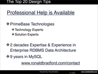 The Top 20 Design Tips

Professional Help is Available

❖ PrimeBase Technologies
  ❖ Technology Experts
  ❖ Solution Exper...