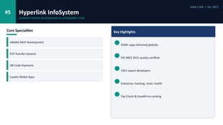 #5 Hyperlink InfoSystem
India / USA | Est. 2011
Scalable Fintech Development at Competitive Cost
Core Specialties
eWallet MVP Development
P2P Transfer Systems
QR Code Payments
Loyalty Wallet Apps
Key Highlights
4500+ apps delivered globally
ISO 9001:2015 quality certified
150+ expert developers
Industries: banking, retail, health
Top Clutch & GoodFirms ranking
 
