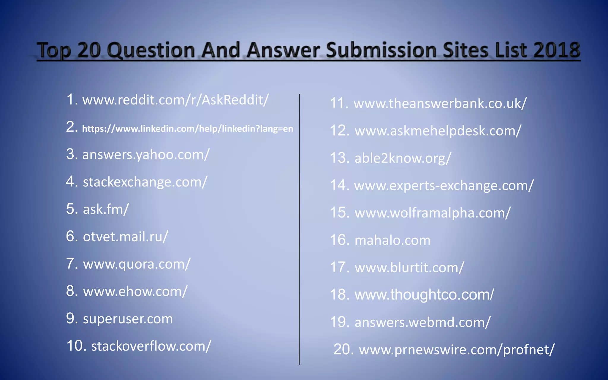 1. www.reddit.com/r/AskReddit/
2. https://www.linkedin.com/help/linkedin?lang=en
3. answers.yahoo.com/
4. stackexchange.com/
5. ask.fm/
6. otvet.mail.ru/
7. www.quora.com/
8. www.ehow.com/
9. superuser.com
10. stackoverflow.com/
11. www.theanswerbank.co.uk/
12. www.askmehelpdesk.com/
13. able2know.org/
14. www.experts-exchange.com/
15. www.wolframalpha.com/
16. mahalo.com
17. www.blurtit.com/
18. www.thoughtco.com/
19. answers.webmd.com/
20. www.prnewswire.com/profnet/
 
