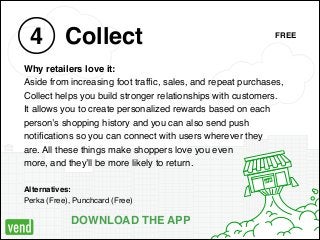 OPEN
Collect4
Why retailers love it: !
Aside from increasing foot trafﬁc, sales, and repeat purchases, !
Collect helps you...
